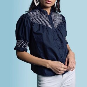 The Shirt by Rochelle Behrens Navy Blouse with White Smocked Top and sleeves XS